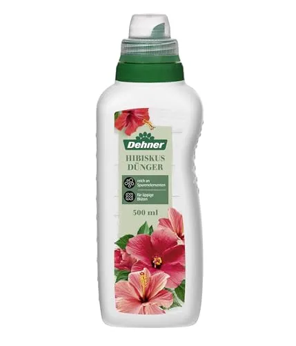 Dehner Hibiskusdünger 500 ml - Hochwertiger Flüssigdünger für Hibiskus und Blühpflanzen, fördert prächtige Blüten und enthält wichtige Spurennährstoffe. Umweltfreundliche Flasche aus 90 % recyceltem Material.