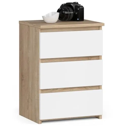 Elegante Kommode mit 3 Schubladen – Sonoma Eiche-weiß - Kommoden & Sideboards – Robuste, stilvolle Kommode mit 3 Schubladen für optimalen Stauraum und sanfte Bedienung, perfekt für Schlafzimmer, Flur oder Wohnzimmer.
