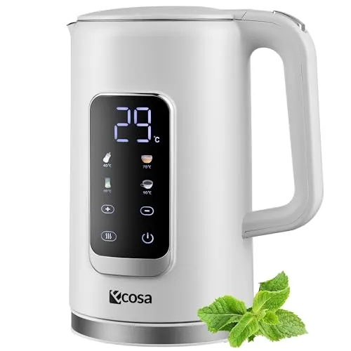 Wasserkocher Edelstahl mit Temperatureinstellung 1,7L - Wanda White - Wasserkocher mit 5 Temperatureinstellungen (40°C-100°C) und Warmhaltefunktion. Ideal für Tee, Kaffee und Babynahrung. Schnelles Erhitzen mit 2200 Watt und hygienischem Edelstahl.