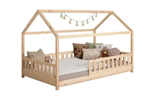 TiCAA Kinderbett Hausbett "Kay" 90x200 Kiefer natur - Kinderzimmermöbel - Hochwertiges, minimalistisches Hausbett aus massiver Kiefer, ideal für Träume und Spielspaß mit einer großzügigen Liegefläche von 90 x 200 cm.