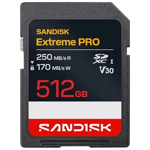 SANDISK Extreme Pro SDXC 512GB - Hochgeschwindigkeits-Speicherkarte - Die SANDISK Extreme Pro SDXC 512GB bietet schnelle Datenübertragungsraten und hohe Zuverlässigkeit. Ideal für professionelle Fotografen und Videografen, die große Datenmengen speichern müssen.