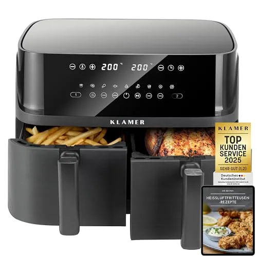 KLAMER Heißluftfritteuse mit 3000 W und Smart-Funktionen - Die KLAMER Heißluftfritteuse mit zwei separaten Fächern und mehreren Programmen sorgt für köstliche Gerichte ohne Verlust von Aromen. Ideal für die ganze Familie und eine praktische Lösung für gesunde Zubereitung.