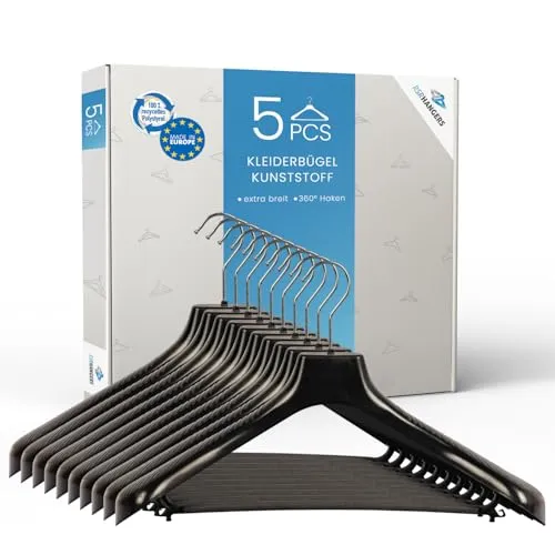 RSR Hangers Jackenbügel XXL SM 45 cm – 5 er Set – Schwarz, Kunststoff – mit Hosensteg & extra breiter Schulterauflage – 360° drehbarer Haken – für Jacken, Mäntel & Anzüge, Winterkleidung