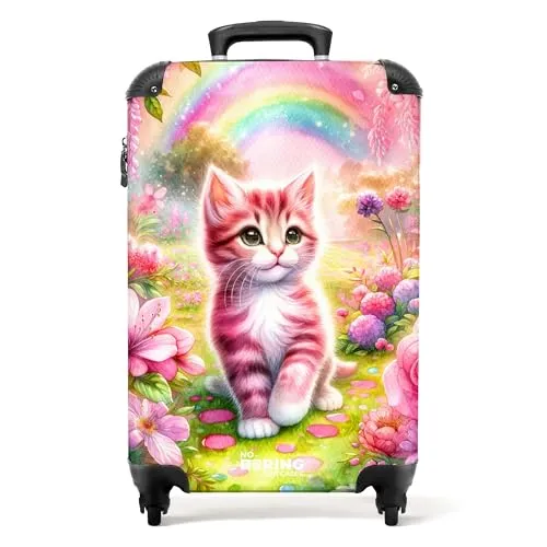 NoBoringSuitcases.com© Kinderkoffer Rosa mit Kätzchen und Blumen 55x35x20cm - Handgepäck-Koffer für Mädchen, leicht und praktisch mit 4 wendigen Rollen für müheloses Reisen. Wasserabweisend und sicher dank TSA-Zahlenschloss.