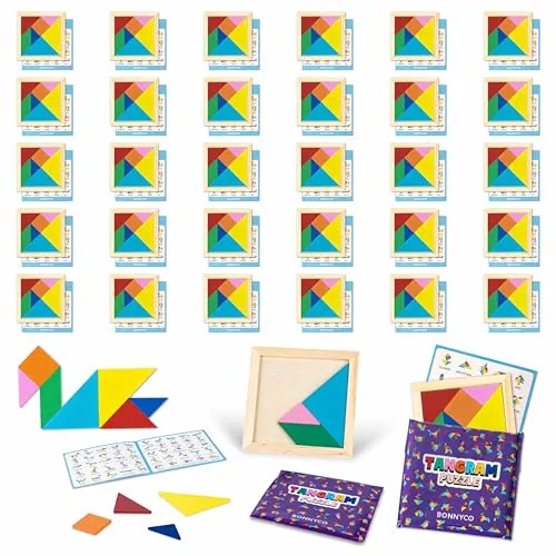 BONNYCO Tangram Kinder Mitgebsel Kindergeburtstag Gastgeschenke 30 Stück. Tangram Puzzle, Kleine Geschenke für Kinder. Give Aways Kindergeburtstag Mitgebsel Set, Pinata Füllung, Mini Spielzeug