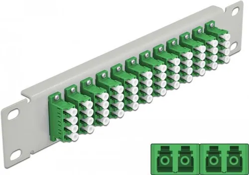Delock Patch Panel LC SM X 48 - Grau - 1U - Hochwertiges 48-Port Patch Panel für LC SM-Verbindungen, ideal für strukturierte Verkabelung in Serverräumen und Netzwerken.