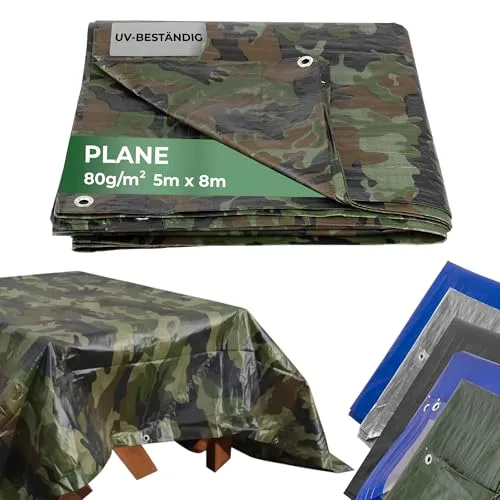 Plane Tarpaulin Khaki 5x8 m - Universelle Abdeckplane mit Ösen - Vielseitige Abdeckplane in Khaki, 80 g/m², wasser- und schimmelresistent. Ideal für den Außenbereich, mit Korrosionsschutz-Ösen und UV-Schutz für langlebige Nutzung.