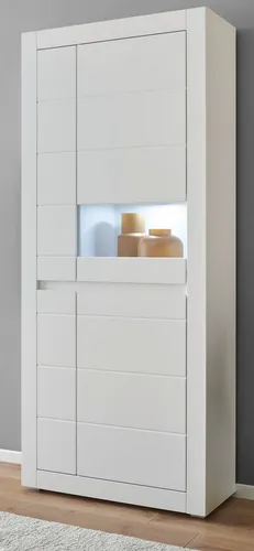 Furn.Design Stauraumvitrine Derby - Eleganter 2-türiger Vitrinenschrank - Vitrinenschrank in strahlendem Weiß oder Eiche mit Soft-Close-Funktion, 12 Fächer für stilvolle Präsentation und praktischen Stauraum, perfekt für Wohn- und Essbereiche.