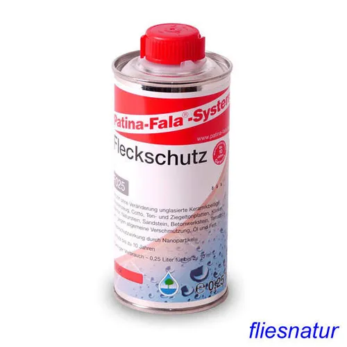 Patina Fala Fleckschutz 0,25L - Effektiver Schutz für Natursteine - Fliesenzubehör zur Fleckschutzbehandlung für Marmor, Granit, Cotto und Schiefer. Hergestellt in Deutschland, schützt effektiv vor unschönen Flecken.