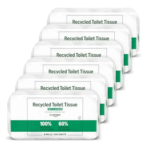 by Amazon Recyceltes Toilettenpapier, 100% recycelte Fasern, 3-lagig, 200 Blatt, 48 Rollen (6 Pack à 8 Rollen), FSC-zertifiziert