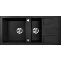 BADLAND Granitspüle Barbados 1,5 Becken Schwarz mit Space Saving Siphon - Hochwertige Granitspüle in Schwarz, ideal für jede Küche. Widerstandsfähig gegen hohe Temperaturen, Kratzer und Verfärbungen. Inklusive platzsparendem Siphon für optimalen Stauraum.