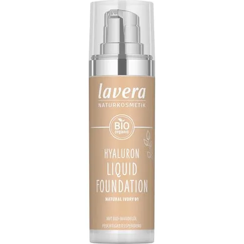 lavera Hyaluron Liquid Foundation Creme Foundation 30 ml Nr. 01 - Natural Ivory - Make-up für einen strahlenden Teint, mit natürlicher Hyaluronsäure und Bio-Mandelöl für optimale Feuchtigkeit und mittlere Deckkraft. Vegan, dermatologisch getestet und klimaneutral.