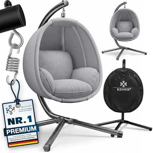 KESSER® Luxe Hängesessel mit Gestell - Hängesessel für In- & Outdoor, mit robustem Stahlgestell und max. 150 kg Tragkraft. Extra hohe, dick gepolsterte Kissen für ultimativen Komfort und witterungsbeständig für langanhaltenden Genuss.