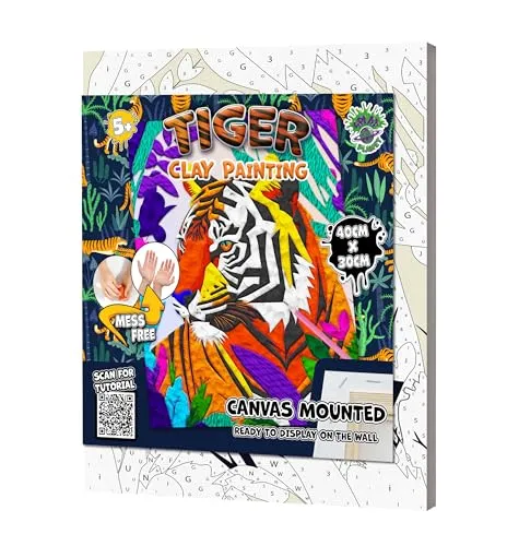 Mess-Free Tiger Clay Painting Kit, Air Dry Clay Modeling Kit, Sensory 3D Canvas Fun Arts and Crafts Kit for Kids, Pre-Rahed 40x30cm with Tools & Idea Guide - Fun, Hands-On Gift for Creativity