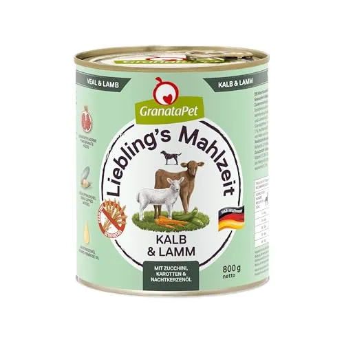 GranataPet Liebling's Mahlzeit Kalb & Lamm - Getreidefreies Nassfutter für Hunde, 6 x 800 g - Genieße hochwertige Ernährung für Deinen Hund mit GranataPet! Dieses getreidefreie Nassfutter bietet eine ausgewogene Mahlzeit, reich an Muskelfleisch und Innereien, ohne künstliche Zusätze. Ideal für die tägliche Fütterung.
