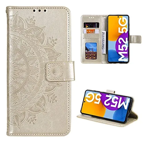 CoverKingz Handy Case kompatibel mit Samsung Galaxy M52 5G - Handy Cover mit Kartenfach Phonecase - Smartphone Hülle klappbar Motiv Mandala Gold