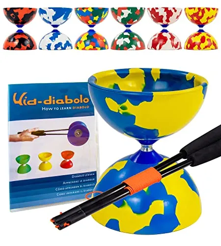 Juggle Dream Jester Diabolo Jonglierset – Fester Achse Profi-Diabolo mit Superglass-Handstäben, Online-Lernvideo – Jonglierspielzeug (Blau/Gelb)