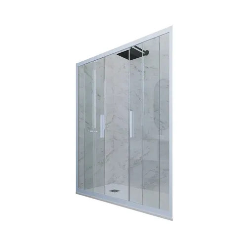 PORTA DOCCIA SCORREVOLE IN PVC KLARGLAS VINTAGE-BLAU MOD. GLAM - Elegante Duschkabine aus klarem Glas mit Vintage Blauem Profil, ideal für stilvolle Badezimmergestaltungen. Maße: 120 cm Breite, 200 cm Höhe. Perfekt für moderne und klassische Räume.
