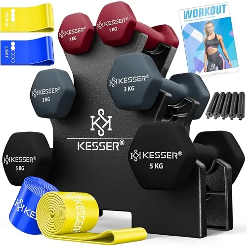 KESSER® Hantel-Set mit Ständer und Fitnessbändern - Das KESSER Hantel-Set bietet 3 Paar Kurzhanteln (1kg - 5kg) mit ergonomischen Griffen, rutschfester Neopren-Oberfläche und platzsparendem Ständer. Inklusive Übungsheft und Fitnessbändern – ideal für dein Training zu Hause!
