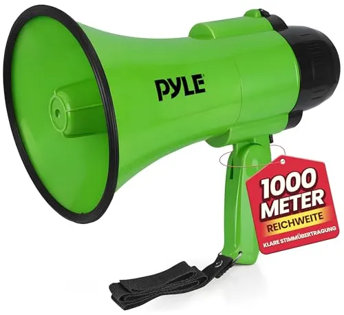 Pyle Megafon 30W mit Sirene & Mikrofon, Grün Faltbares Megaphone für Kinder & Erwachsene, Lautsprecher für Fußball, Events, Notfälle