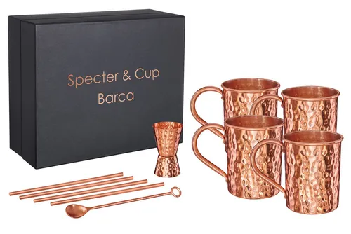 Specter & Cup Cocktail-Set Barca - 10-teiliges Kupferbecher-Set - Thermobehälter mit 4 handgefertigten Kupferbechern, die dein Getränk eiskalt halten. Ideal für Cocktails und perfekte Geschenke in einer edlen Premiumbox.