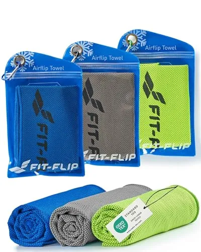 Fit-Flip Kühltuch 3er Set – kühlendes Handtuch Fitness und Sport – mikrofaser kühlhandtuch – Airflip kühltücher – cool Ice Towel (grün/dunkel blau/grau, 100x30cm)