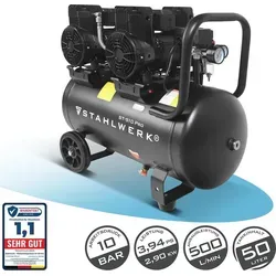 STAHLWERK Kompressor ST-510 Pro – 10 bar, 50 L, 3,94 PS - Ölfreier Druckluft-Kompressor mit 50 L Kesselvolumen und 500 l/min Ansaugleistung. Ideal für Druckluft-Werkzeuge, leise im Betrieb mit nur 70 dB und robustem Design für einfache Handhabung.