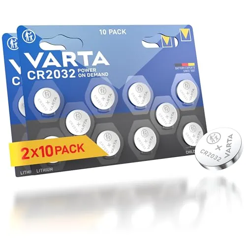 VARTA Knopfzellen CR2032, 20 Stück - Power on Demand für zuverlässige Energie - Lithium-Knopfzellen mit 3V für zahlreiche elektronische Geräte. Die kindersichere Verpackung sorgt für Sicherheit. Ideal für Fernbedienungen, Autoschlüssel und mehr.