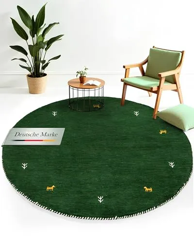 carpetfine Wollteppich Gabbeh Uni Rund Grün Ø 80 - Teppich für Wohn- und Schlafzimmer, aus 100% Wolle, langlebig und pflegeleicht, ideal für Fußbodenheizung und schafft eine gemütliche Atmosphäre.