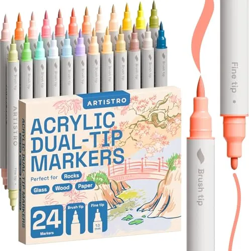 Artistro 24 Acrylstifte – Dual Tip Marker für kreative Projekte - DOPPELSPITZE: Mit 24 leuchtenden Farben und einer Pinsel- sowie einer feinen Spitze sind diese Acrylmarker ideal für vielseitige Bastelprojekte. Perfekt für Kinder und Erwachsene, um kreativ zu werden!