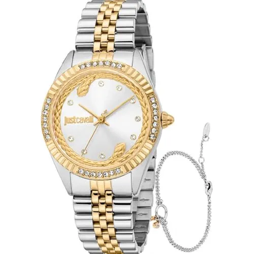 Damenuhr Just Cavalli ANIMALIER SPECIAL PACK + BRACELET - Stylische Damenuhr mit 30 mm Gehäuse, Edelstahlarmband in Silber und Gold, inklusive elegantem Bracelet und Markenetui – perfekt für modebewusste Frauen.