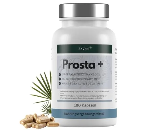 EXVital® Prosta+ – 180 vegane Kapseln mit Sägepalmen- und Kürbiskernextrakt - Hochdosierte vegane Kapseln mit 10:1 Sägepalmen- und Kürbiskernextrakt sowie Zink. Ideal für Männer und ohne Zusatzstoffe. Laborgeprüfte Qualität aus Deutschland.