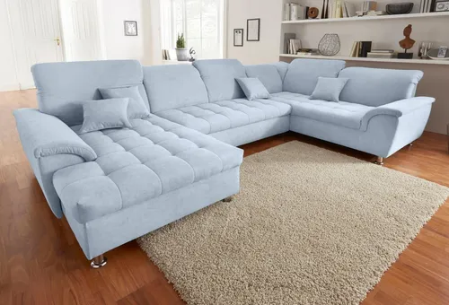 DOMO collection Wohnlandschaft, U-Form, Recamiere links, pastelblau, B/T: 344/206 cm