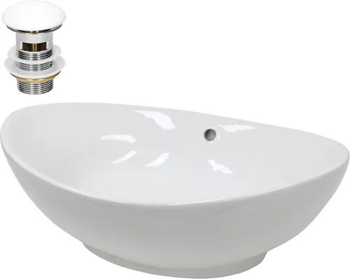 LuxeBath Aufsatzwaschbecken aus Keramik mit Wasserfall - Elegantes ovales Waschbecken aus weißer Keramik, inklusive Ablaufgarnitur mit Überlauf. Ideal für stilvolle Badezimmergestaltungen.