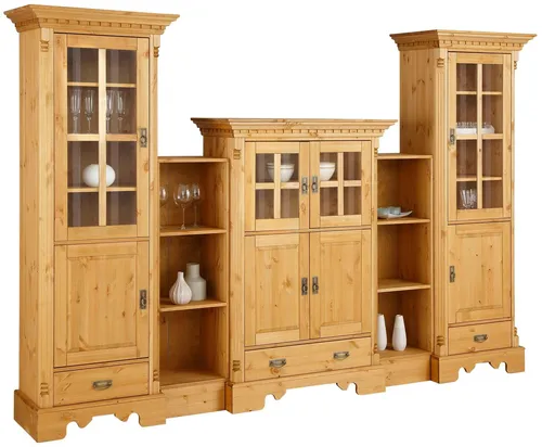 Home affaire Wohnwand Milan - 5-teilig in Beige - Wohnzimmerschränke aus massivem Kiefernholz, inklusive 2 Vitrinen, 1 Highboard und 2 Standregalen. Individuelle Holzstruktur für einzigartigen Charme und einfache Selbstmontage.