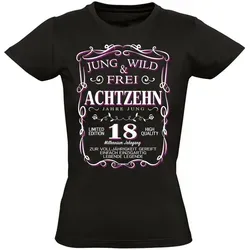 Baddery Print-Shirt "18 Jahre Jung wild und frei" für Frauen - Herren-Shirt aus 100% Baumwolle mit hochwertigem Siebdruck, perfekt als Geburtstagsgeschenk für Frauen, casual und in Slim Fit.