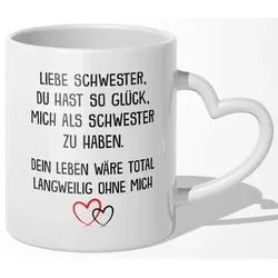 22Feels Tasse Schwester Geschenk Geburtstag Weihnachten Geschwister Mädchen Frauen, Keramik, Made In Germany, Spülmaschinenfest, Herzhenkel weiß