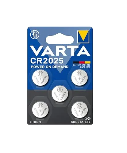 VARTA Batterien Knopfzellen CR2025, 5 Stück, Power on Demand, Lithium Coin, 3V, kindersichere Verpackung, für elektronische Kleingeräte - Autoschlüssel, Fernbedienungen, Waagen