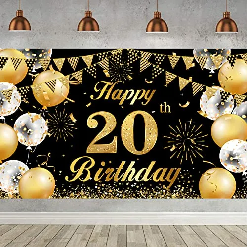 20. Geburtstag Banner Schwarz Gold, Geburtstagsbanner 20, 20. Geburtstag Männer, 20 Geburtstag Hintergrund Banner, 20 Jahre Geburtstagsbanner für 20 Party Deko Männer Frauen
