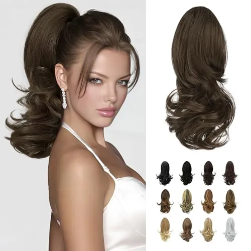Sofeiyan 33 cm Pferdeschwanzverlängerung Langer Lockiger Pferdeschwanz Clip in Klaue Haarverlängerung Natürlich Aussehendes Synthetisches Haarteil für Frauen, Dunkelstes Braun & Helles Auburn