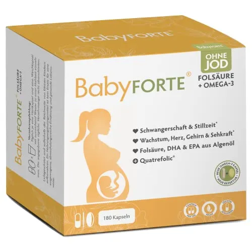 BabyFORTE® Folsäure ohne Jod + Omega-3 vegan mit Algenöl | 17 Schwangerschaftsvitamine ohne Jod + Quatrefolic® | 180 Kapseln | ab 1. Trimester