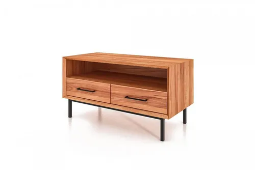 TV-Board Seiba aus Kernbuche mit Metallbeinen - Elegantes TV-Board in Kernbuche mit 2 Schubladen und 1 offenen Fach. Stabil und stilvoll, ideal für dein Wohnzimmer. Komplett montiert und sofort einsatzbereit.