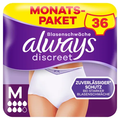 Always Discreet Inkontinenz-Höschen für Frauen Plus M - 36 Stück, sofortiger Schutz vor Gerüchen und Flüssigkeit, ideal bei starker Blasenschwäche