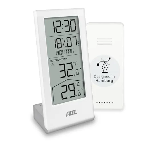ADE Funkraumthermometer mit Außensensor - Präzises Raumthermometer mit Außensensor, Uhrzeit und ausgeschriebenem Wochentag. Inkl. 4 AAA Batterien, ideal zur Überwachung von Innen- und Außentemperaturen.