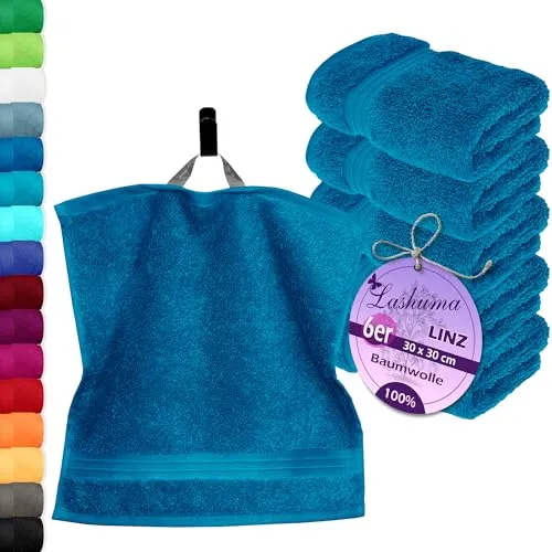 Lashuma Waschlappen Set 6-teilig - Gästetücher in Blau Petrol - Saunatücher aus 100% Baumwolle, flauschig weich und saugstark mit 550 g/m². Ideal für entspannende Momente im Bad oder unterwegs – ein stilvolles Must-Have!