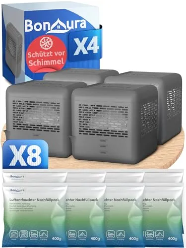 BonAura® 4x Luftentfeuchter ohne Strom - Effektiver Schutz vor Schimmel - Luftentfeuchter für Räume bis 40m², ideal gegen Feuchtigkeit, Schimmel und muffige Gerüche. Inklusive 8x 400g Nachfüllpack für ein angenehmes Raumklima.