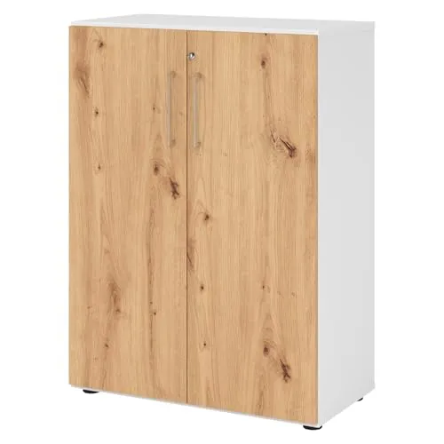bümö Aktenschrank abschließbar - 80cm Büroschrank in Weiß/Asteiche - Büro-Aktenschrank mit hochwertigem Schloss, stabilen Metallgriffen und werkzeuglosem Aufbau. 2 Fachböden für 3 Ordnerhöhen, 110° Öffnungswinkel und Made in Germany Qualität.