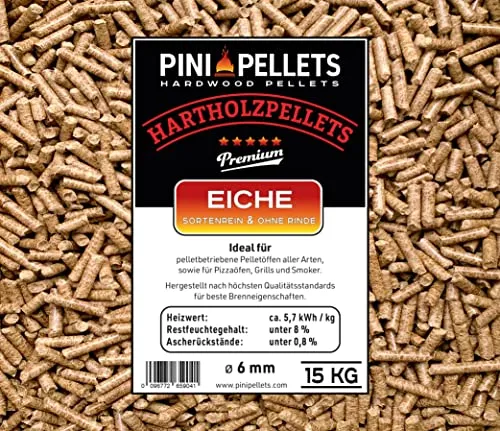 Hartholz Pellets 6 mm PINI 15Kg - 100% sortenreines Eichenholz, ideal für Grillen und Heizen. Hoher Brennwert und minimale Asche sorgen für ein optimales Raucharoma. Perfekt für alle Grill- und Smokertypen sowie pelletbetriebene Öfen.