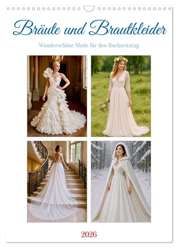 Bräute und Brautkleider Wandkalender 2026 - Monatskalender im DIN A3 Format mit traumhaften Brautkleidern. Ideal für Hochzeitsplaner und Modebegeisterte, bringt Inspiration in jeden Raum.