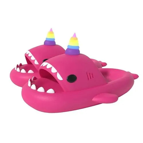 corimori Hai Einhorn Hausschuhe, Badeschlappen mit Regenbogenhorn, in Blau, Rosa oder Schwarz (Pink, EU Schuhgrößensystem, Erwachsene, Damen, Numerisch (von/bis), M, 36, 37)